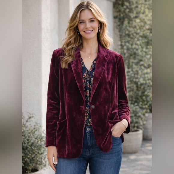 Chico’s Velvet Blazer Size M Wine Plum Burgundy Floral Lining Holiday Party - Picture 15 of 16